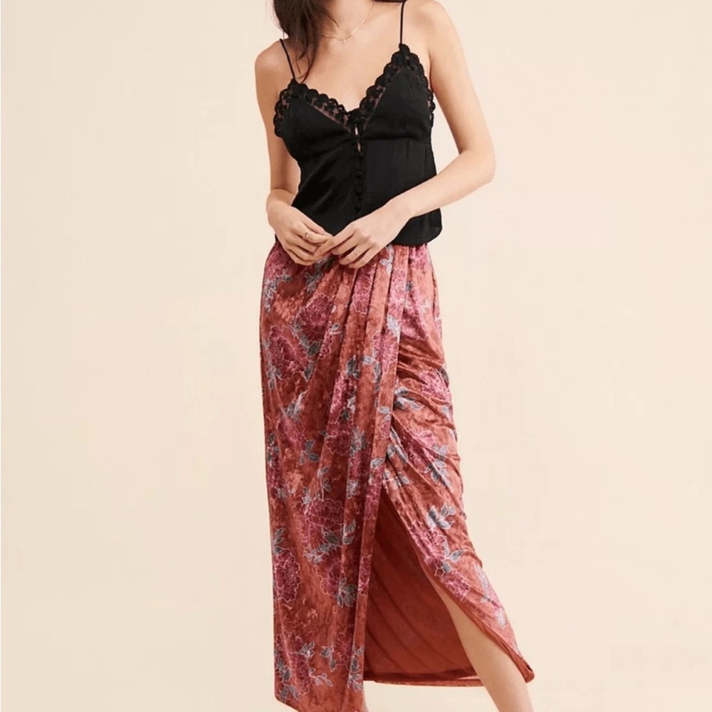 Free People | Poets Velvet Sarong Wrap Skirt | Burnt Orange & Pink sz S